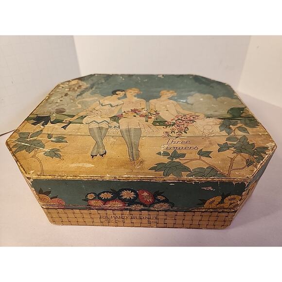 Art Deco Cardboard Powder BOX 3 Flowers Art Deco Richard Hudnut George Barbier - Picture 4 of 16